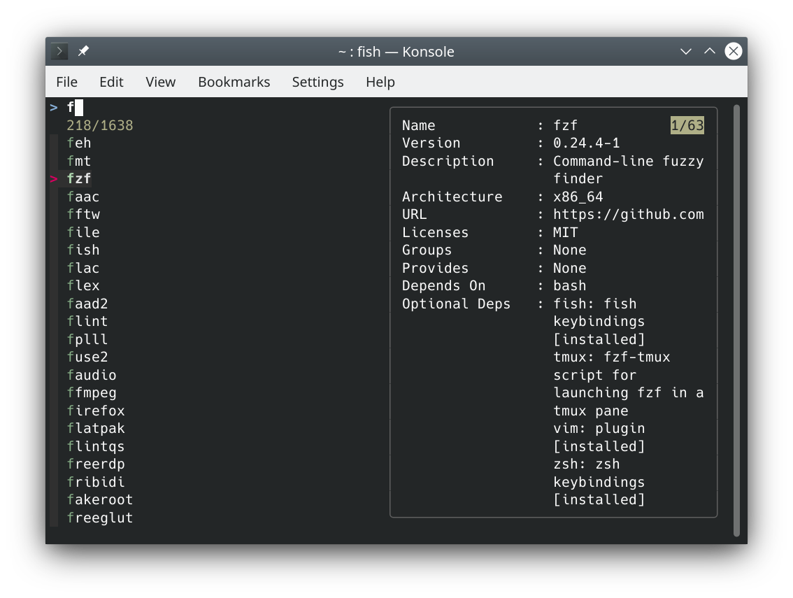 pacman -Qq | fzf --preview 'pacman -Qil {}' --layout=reverse --bind 'enter:execute(pacman -Qil {} | less)'